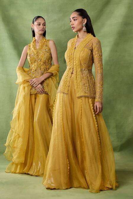 Awigna_Yellow Net, Organza Sequins, Beads, Cut Bormo Embroidered Peplum Top Sharara Set _Online_at_Aza_Fashions