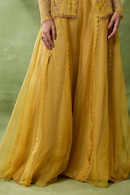 Buy_Awigna_Yellow Net, Organza Sequins, Beads, Cut Bormo Embroidered Peplum Top Sharara Set _Online_at_Aza_Fashions