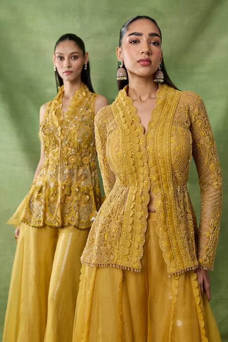 Shop_Awigna_Yellow Net, Organza Sequins, Beads, Cut Bormo Embroidered Peplum Top Sharara Set _Online_at_Aza_Fashions