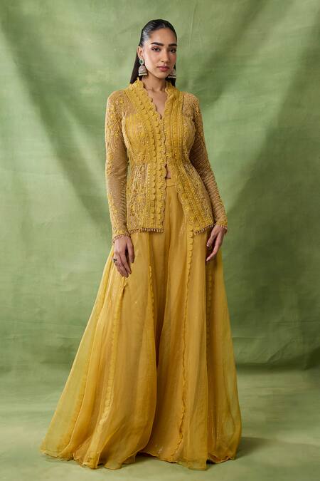 Awigna_Yellow Net, Organza Sequins, Beads, Cut Bormo Embroidered Peplum Top Sharara Set _at_Aza_Fashions