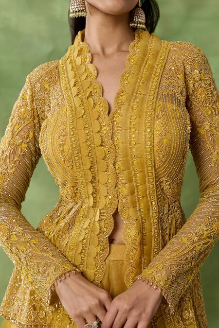 Buy_Awigna_Yellow Net, Organza Sequins, Beads, Cut Bormo Embroidered Peplum Top Sharara Set 