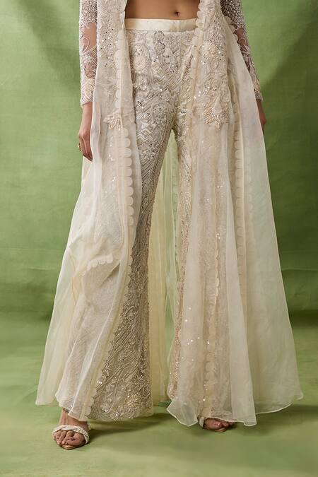 Awigna_Ivory Net, Organza Embroidery, Sequins Open Neck, Abnoba Floral Cape Pant Set _Online_at_Aza_Fashions