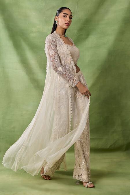 Buy_Awigna_Ivory Net, Organza Embroidery, Sequins Open Neck, Abnoba Floral Cape Pant Set _Online_at_Aza_Fashions