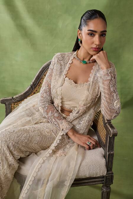 Shop_Awigna_Ivory Net, Organza Embroidery, Sequins Open Neck, Abnoba Floral Cape Pant Set _Online_at_Aza_Fashions