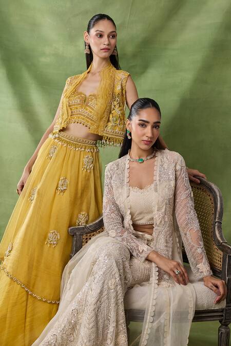 Awigna_Ivory Net, Organza Embroidery, Sequins Open Neck, Abnoba Floral Cape Pant Set _at_Aza_Fashions