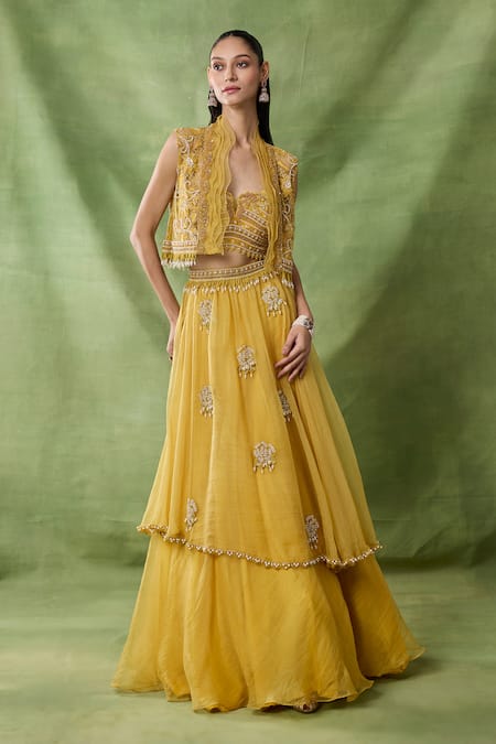 Awigna Etain Ruffle Embroidered Jacket Skirt Set 