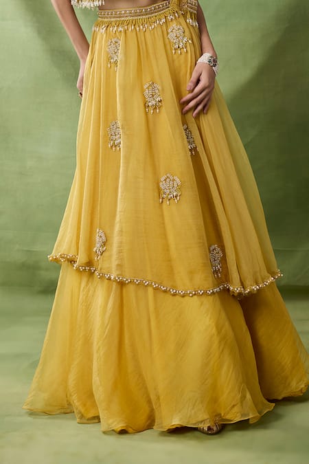 Awigna_Yellow Organza, Net Embroidery, Beads, Pearls, Etain Ruffle Jacket Skirt Set _Online_at_Aza_Fashions