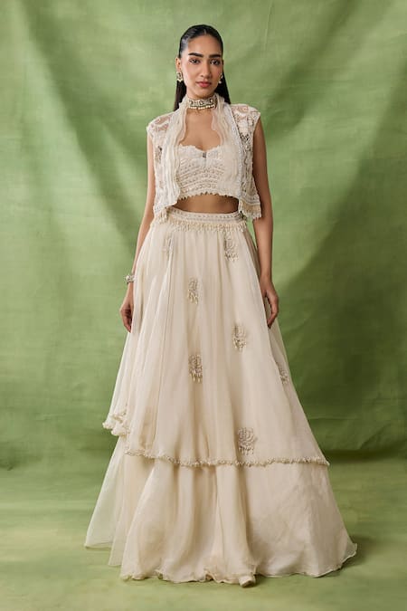 Buy_Awigna_Ivory Organza, Net Embroidery, Beads, Ruffles Lumieire Jacket Skirt Set _Online_at_Aza_Fashions