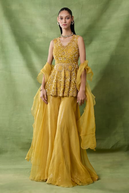 Awigna Lasair Embroidered Peplum Top Sharara Set 