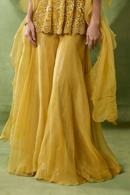 Awigna_Yellow Organza, Net Embroidery, Sequins, Zari, Lasair Peplum Top Sharara Set _Online_at_Aza_Fashions