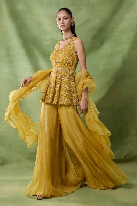Buy_Awigna_Yellow Organza, Net Embroidery, Sequins, Zari, Lasair Peplum Top Sharara Set _Online_at_Aza_Fashions