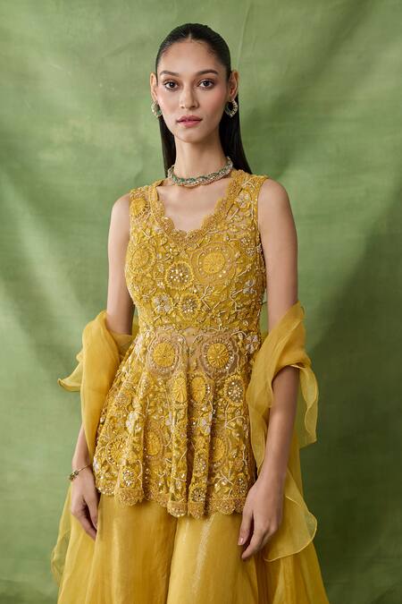 Shop_Awigna_Yellow Organza, Net Embroidery, Sequins, Zari, Lasair Peplum Top Sharara Set _Online_at_Aza_Fashions