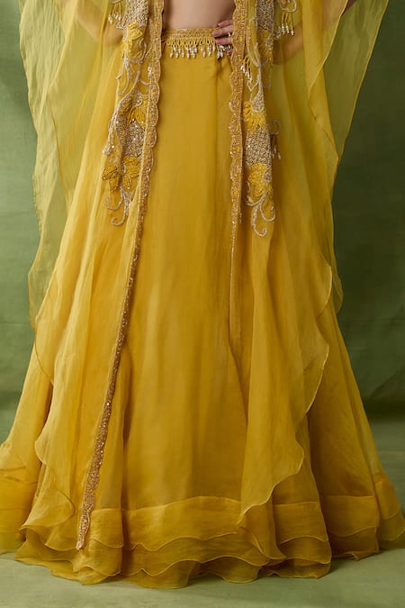 Awigna_Yellow Organza, Net Beads, Embroidery, Ruffles Open Beira Cape Lehenga Set _Online_at_Aza_Fashions