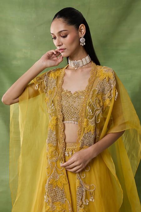 Buy_Awigna_Yellow Organza, Net Beads, Embroidery, Ruffles Open Beira Cape Lehenga Set _Online_at_Aza_Fashions