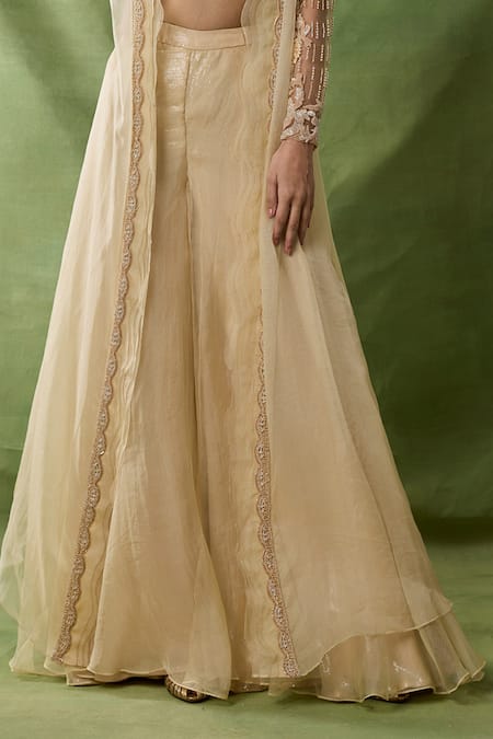 Awigna Gold Organza, Net Embroidery, Beads, Sequins Open Sirona Laser Cape Sharara Set Online at Aza Fashions Awigna_Gold Organza, Net Embroidery, Beads, Sequins Open Sirona Laser Cape Sharara Set _Online_at_Aza_Fashions