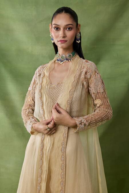 Shop Awigna Gold Organza, Net Embroidery, Beads, Sequins Open Sirona Laser Cape Sharara Set Online at Aza Fashions Shop_Awigna_Gold Organza, Net Embroidery, Beads, Sequins Open Sirona Laser Cape Sharara Set _Online_at_Aza_Fashions