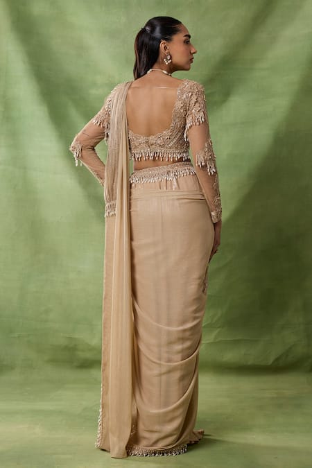 Awigna Cliod 3D Floral Embroidered Pre-Draped Saree With Blouse 