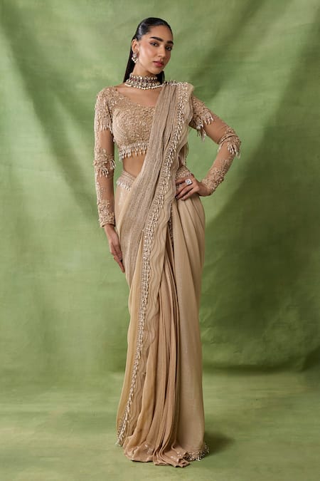 Awigna Cliod 3D Floral Embroidered Pre-Draped Saree With Blouse 