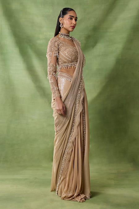 Awigna_Gold Chiffon, Organza Cliod 3d Floral Embroidered Pre-draped Saree With Blouse _Online_at_Aza_Fashions