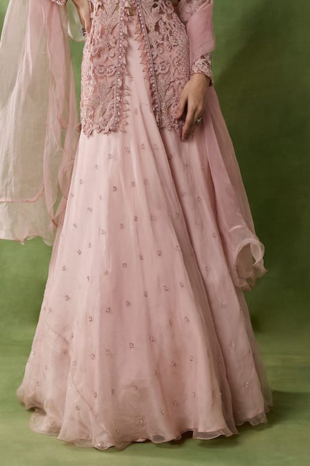 Awigna_Pink Organza, Net Embroidery, Beads, Sequins Grain Chitta Peplum Top Skirt Set _Online_at_Aza_Fashions
