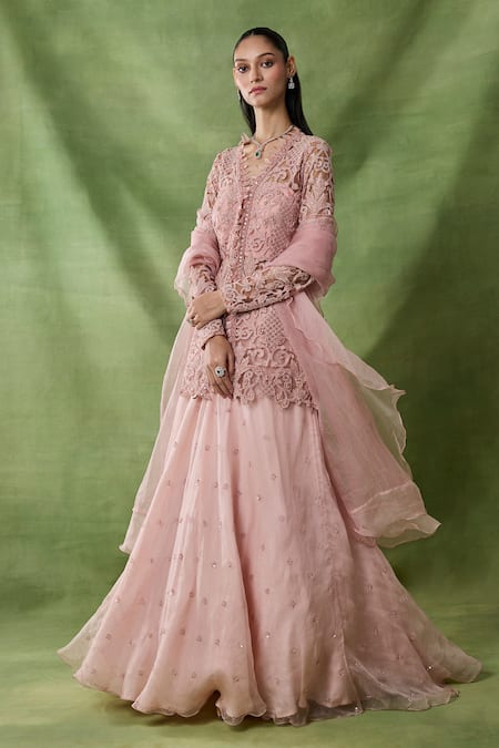 Buy_Awigna_Pink Organza, Net Embroidery, Beads, Sequins Grain Chitta Peplum Top Skirt Set _Online_at_Aza_Fashions