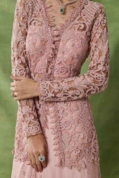 Shop_Awigna_Pink Organza, Net Embroidery, Beads, Sequins Grain Chitta Peplum Top Skirt Set _Online_at_Aza_Fashions