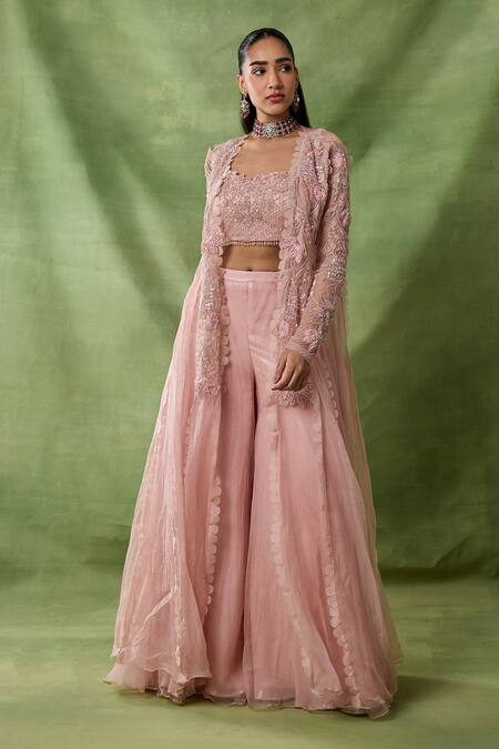 Awigna Pink Organza, Net Cut Work, Sequins, Beads, Matrona Laser Cape Sharara Set Online at Aza Fashions Awigna_Pink Organza, Net Cut Work, Sequins, Beads, Matrona Laser Cape Sharara Set _Online_at_Aza_Fashions