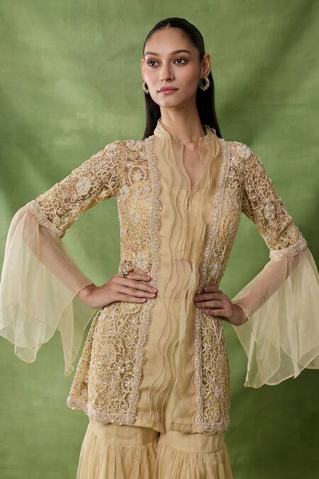 Awigna_Gold Organza, Net Embroidery, Sequins V-neck, Dia Peplum Top Sharara Set _Online_at_Aza_Fashions