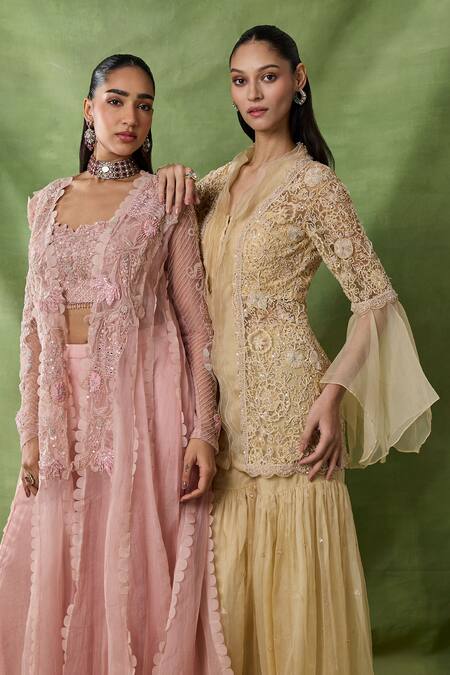 Buy_Awigna_Gold Organza, Net Embroidery, Sequins V-neck, Dia Peplum Top Sharara Set _Online_at_Aza_Fashions