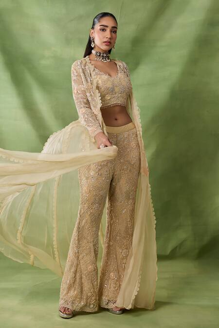 Awigna_Gold Organza, Net Embroidery, Sequins, Beads Open Neck, Beli Cape Sharara Set _Online_at_Aza_Fashions