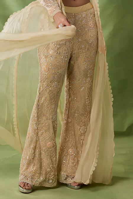 Buy_Awigna_Gold Organza, Net Embroidery, Sequins, Beads Open Neck, Beli Cape Sharara Set _Online_at_Aza_Fashions