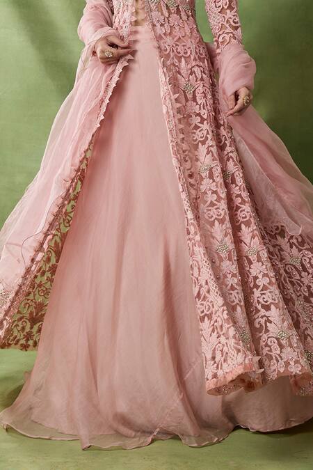 Awigna_Pink Organza, Net Beads, Sequins V-neck Damona Floral Embroidered Cape Skirt Set _Online_at_Aza_Fashions
