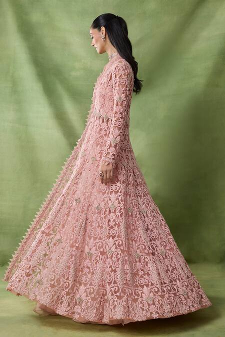 Buy_Awigna_Pink Organza, Net Beads, Sequins V-neck Damona Floral Embroidered Cape Skirt Set _Online_at_Aza_Fashions