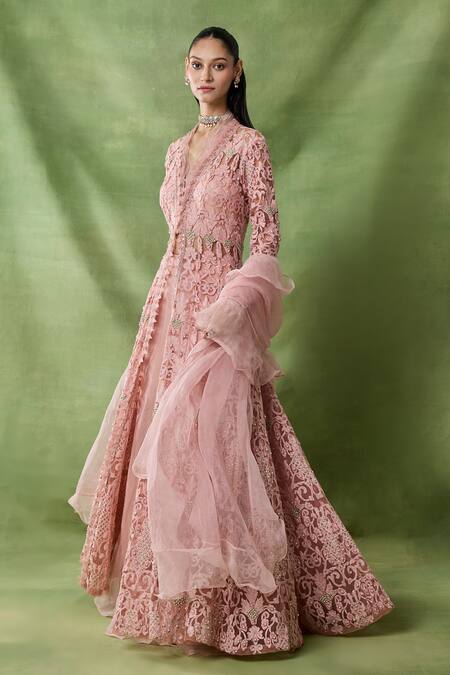 Shop_Awigna_Pink Organza, Net Beads, Sequins V-neck Damona Floral Embroidered Cape Skirt Set _Online_at_Aza_Fashions