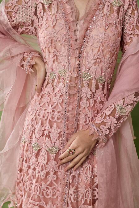 Awigna_Pink Organza, Net Beads, Sequins V-neck Damona Floral Embroidered Cape Skirt Set _at_Aza_Fashions