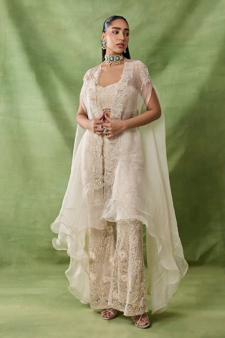 Awigna Perle Floral Embroidered Cape Pant Set 
