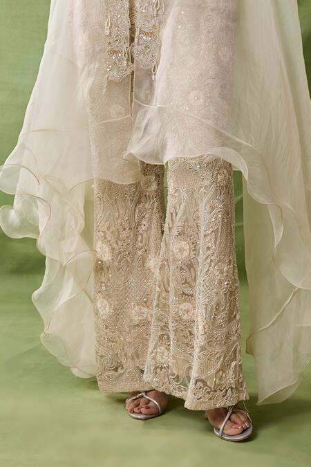 Awigna Ivory Organza, Net Embroidery, Beads, Sequins Open Perle Floral Cape Pant Set Online at Aza Fashions Awigna_Ivory Organza, Net Embroidery, Beads, Sequins Open Perle Floral Cape Pant Set _Online_at_Aza_Fashions