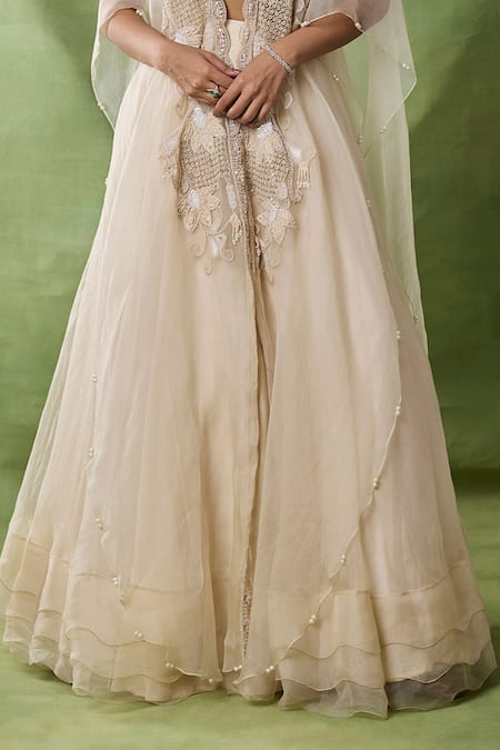 Awigna_Ivory Organza, Net Embroidery, Sequins, Beads, Freya Floral Cape Lehenga Set _Online_at_Aza_Fashions
