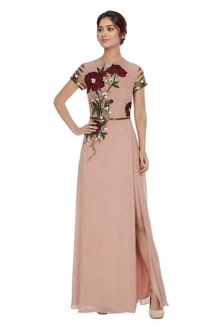 Huemn Pink embroidered gown with sequence waist-band 