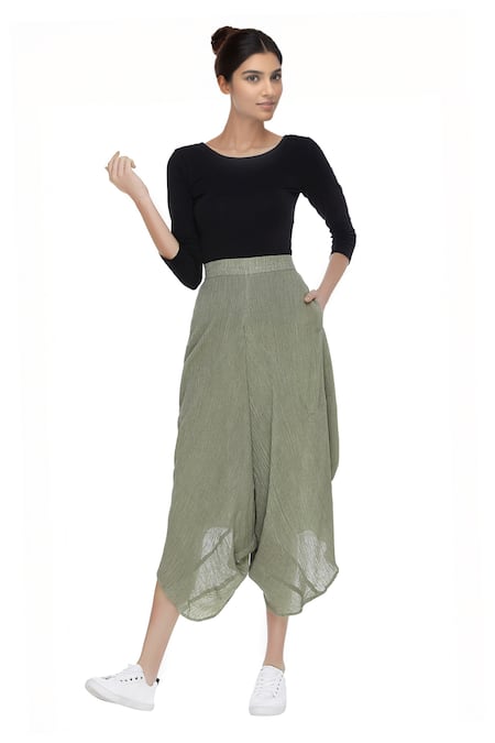Urvashi Kaur Crinkle Cotton Draped Cropped Pants 