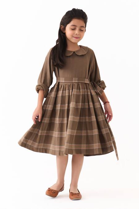 Buy_Three_Brown Melange Cedar Check Peter Pan Collar Dress _Online_at_Aza_Fashions