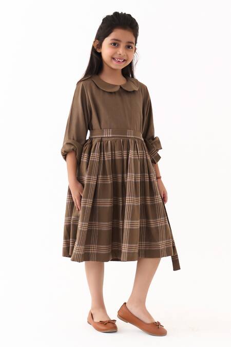 Three_Brown Melange Cedar Check Peter Pan Collar Dress _at_Aza_Fashions