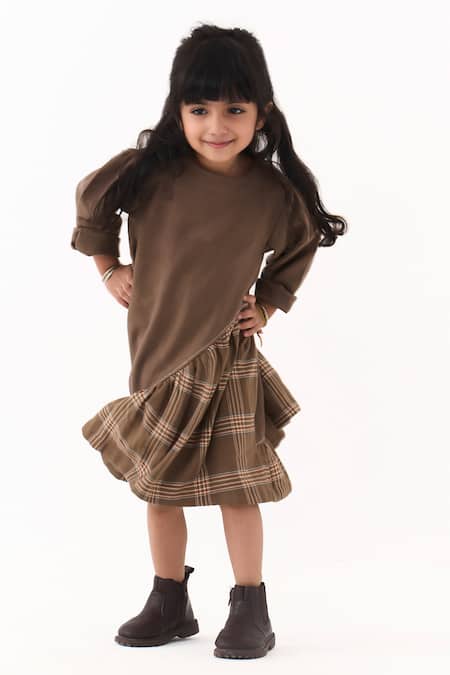 Three_Brown Melange Gathered Dress _Online_at_Aza_Fashions
