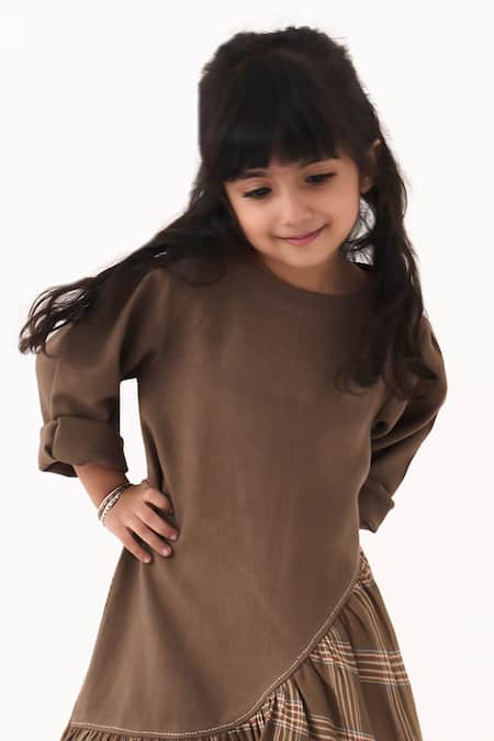 Shop_Three_Brown Melange Gathered Dress _Online_at_Aza_Fashions
