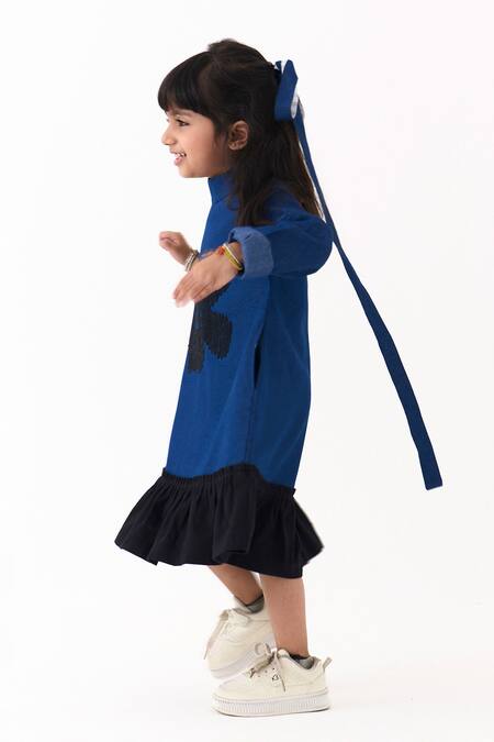 Three_Blue Denim Embroidery Floral Frill Dress _Online_at_Aza_Fashions