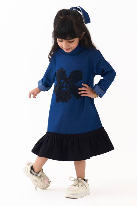 Buy_Three_Blue Denim Embroidery Floral Frill Dress _Online_at_Aza_Fashions