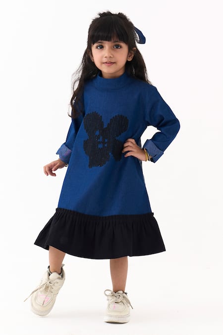 Shop_Three_Blue Denim Embroidery Floral Frill Dress _Online_at_Aza_Fashions