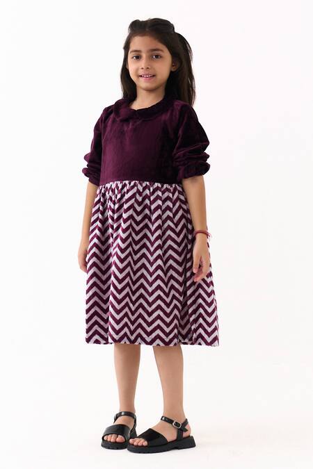 Buy_Three_Wine Velvet Peter Pan Collar Gathered Dress _Online_at_Aza_Fashions