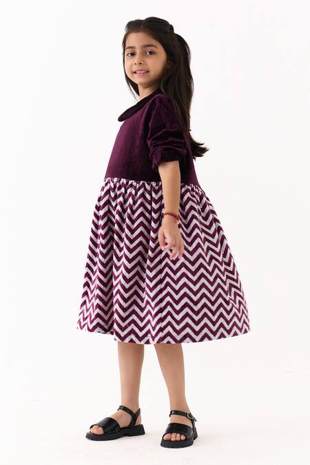 Shop_Three_Wine Velvet Peter Pan Collar Gathered Dress _Online_at_Aza_Fashions
