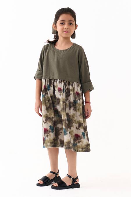 Shop_Three_Green Twill, Corduroy Peter Pan Collar Gathered Waist Dress _Online_at_Aza_Fashions